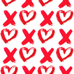 XO with heart drawn with red lipstick. Seamless pattern XOXO on white background.  Hugs and kisses abbreviation symbol. Easy to edit template for Valentine’s day. Vector illustration.