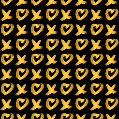 Seamless pattern gold XOXO with hearts on black background. Hugs and kisses abbreviation symbol. Grunge hand written brush lettering XO. Easy to edit vector template for Valentine’s day.