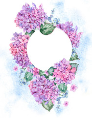 Summer Watercolor Vintage Floral Round Frame with Blooming Hydrangea