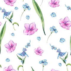 Watercolor vintage floral seamless pattern with pink and blue wildflowers