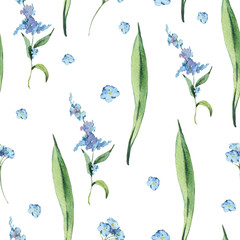Watercolor Vintage Floral Seamless Pattern with Blue Wildflowers.
