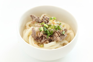 Japanese food, beef and udon with spring onion