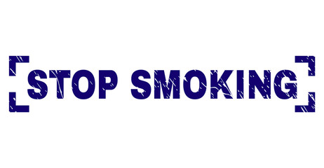 STOP SMOKING text seal imprint with distress texture. Text caption is placed between corners. Blue vector rubber print of STOP SMOKING with dust texture.