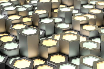 3d rendering, golden metalic hexagonal background