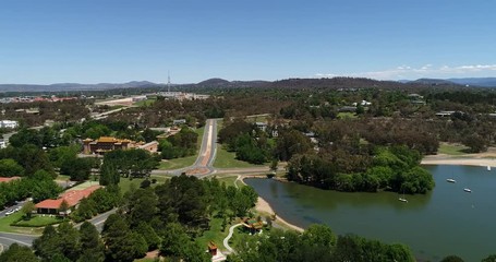 From Yacht club via Parliament house and Commonwealth avenue leading to Canberra city CBD to lake shore and museums with hills and TV tower.
