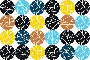 Seamless, abstract background pattern made with colorful, striped circles. Playful, bright vector art.