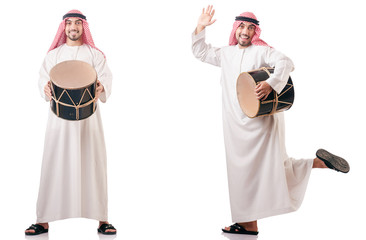 Arab man with drum isolated on white