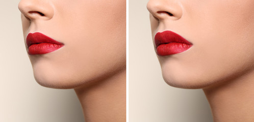 Beautiful young woman with red lips on color background, closeup. Space for text