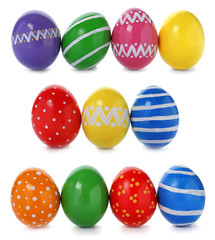 Set of colorful painted Easter eggs on white background