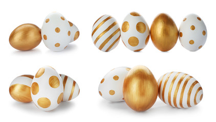Set of painted golden Easter eggs on white background