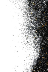 Bright beautiful shining black glitter on white background, top view. Space for text