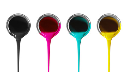 Obraz premium Set of bright paints pouring from silver metal cans on white background