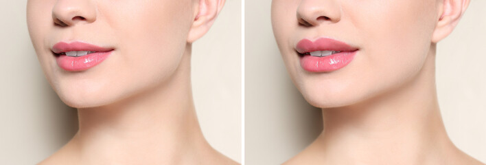 Beautiful young woman with perfect lips makeup on light background, closeup