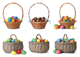 Fototapeta na wymiar Set of wicker baskets with different Easter eggs on white background
