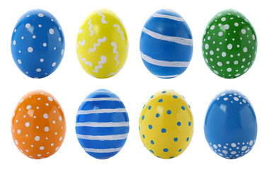 Set of colorful painted Easter eggs on white background