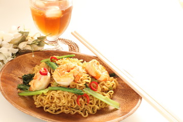 Chinese food, shrimp and green leaf vegetable fried noodles