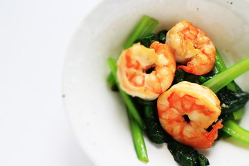 Chinese food, prawn and spinach stir fried