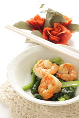 Chinese food, prawn and spinach stir fried