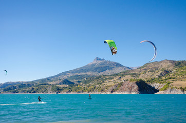 Kite hydrofoil and kite surfing on the lake of Serre Pon&ccedil;on in Provence-Alpes-C&ocirc;te d'Azur, France