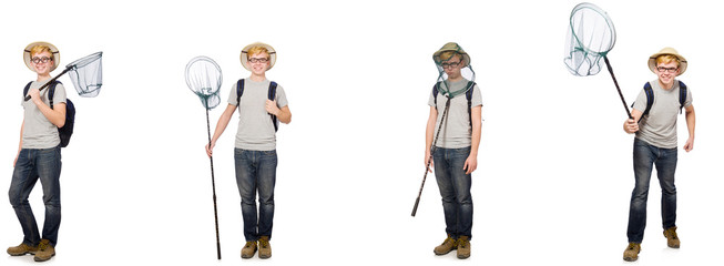 Young boy in cork helmet with net 