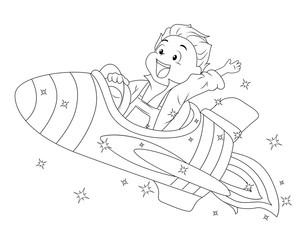 Coloring Page Kid Spaceship Illustration