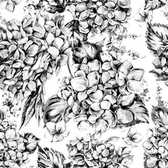 Summer MonochromeWatercolor Vintage Floral Seamless Pattern with Blooming Hydrangea