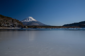 凍結した精進湖と富士山