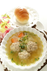 Chinese food, meat ball and vegetable soup forh healthy breakfast image
