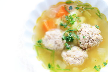 Chinese food, meat ball and vegetable soup forh healthy breakfast image