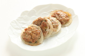 Chinese food, mince pork and lotus root fried