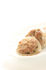 Chinese food, mince pork and lotus root fried