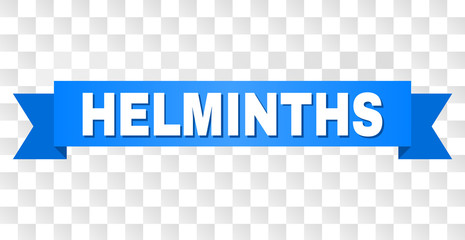 HELMINTHS text on a ribbon. Designed with white caption and blue tape. Vector banner with HELMINTHS tag on a transparent background.