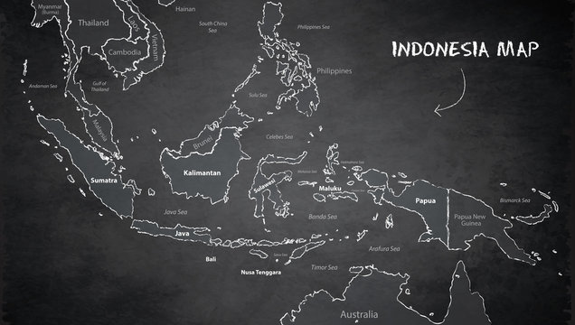 Indonesia map, state names, separate states, individual region, blackboard chalkboard school vector