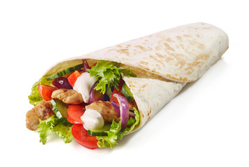 Tortilla wrap with fried chicken meat and vegetables - obrazy, fototapety, plakaty
