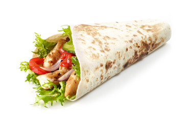 Tortilla wrap with fried chicken meat and vegetables - obrazy, fototapety, plakaty