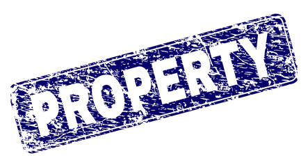 PROPERTY stamp seal watermark with grunge texture. Seal shape is a rounded rectangle with frame. Blue vector rubber print of PROPERTY title with grunge texture.