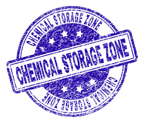 CHEMICAL STORAGE ZONE stamp seal watermark with grunge style. Designed with rounded rectangles and circles. Blue vector rubber print of CHEMICAL STORAGE ZONE caption with grunge texture.