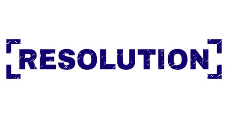 RESOLUTION title seal print with grunge texture. Text title is placed between corners. Blue vector rubber print of RESOLUTION with scratched texture.