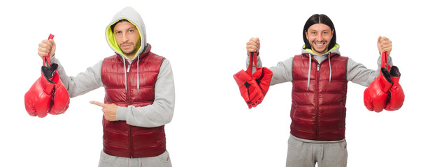 Man wearing boxing gloves isolated on white