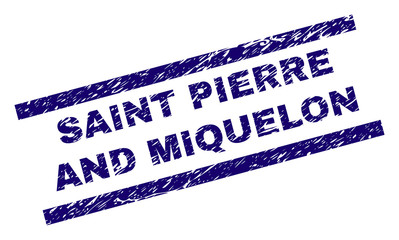 SAINT PIERRE AND MIQUELON seal print with grunge style. Blue vector rubber print of SAINT PIERRE AND MIQUELON text with dirty texture. Text tag is placed between parallel lines.