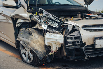 car crash accident on street, damaged automobiles after collision in city.