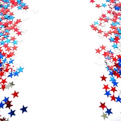 Red white blue shiny confetti stars on white background, isolate, tricolor concept, independence and freedom day USA