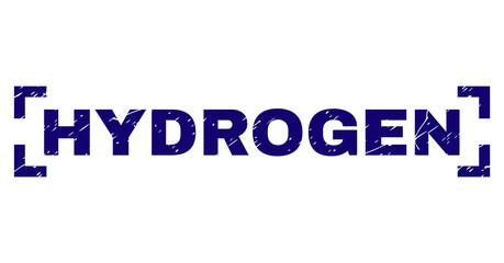 HYDROGEN tag seal print with distress texture. Text caption is placed inside corners. Blue vector rubber print of HYDROGEN with scratched texture.