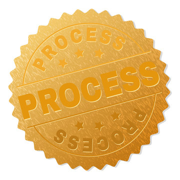 PROCESS gold stamp badge. Vector gold medal with PROCESS text. Text labels are placed between parallel lines and on circle. Golden surface has metallic texture.
