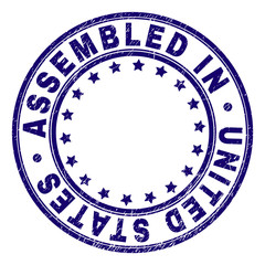 ASSEMBLED IN UNITED STATES stamp seal watermark with distress texture. Designed with circles and stars. Blue vector rubber print of ASSEMBLED IN UNITED STATES tag with grunge texture.