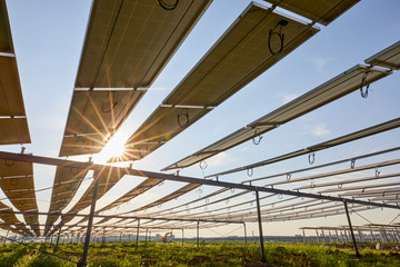 Morning sun shines under the solar photovoltaic panel