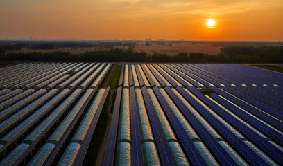 Aerial photography, solar photovoltaic panels for greenhouses on the roof of greenhouses