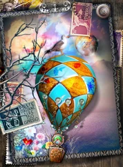 Gordijnen Steampunk luchtballon in een surrealistisch landschap met antieke postzegels © Rosario Rizzo