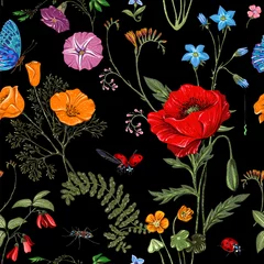Foto op Canvas Summer vector seamless pattern. Botanical wallpaper. Plants, insects, flowers in vintage style. Butterflies, beetles and plants in the style of Provence. Drawn nature wallpaper. Summer background © sunny_lion