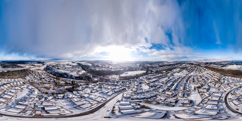 Seamless aerial 360 panorama of a Welsh town after fresh snowfall (Ebbw Vale, UK)